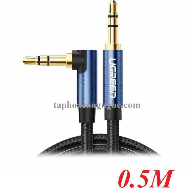 ugreen 60178 0.5M bẻ góc 90 độ cáp 3.5mm màu đen đầu xanh dương mạ vàng 24k 50cm AV112 30060178